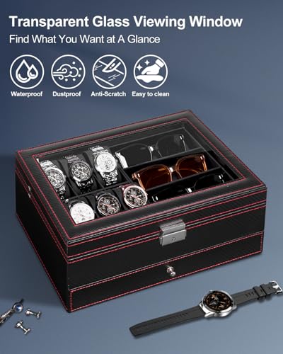 Jenseits Watch Box for Mens Jewelry Box, 6 Slot Watch Case & 3 Slot Sunglasses Organizer, Lockable PU Leather Jewelry Organizer Watch Display Storage W/Drawer For Rings Bracelets, Gift for Men Women3
