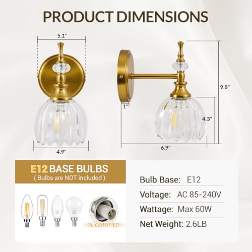 Image of ANDY STAR 1-Light Brushed Gold Bathroom Vanity Light, Transitional Sconce | Ribbed Glass & Crystal Accent, Damp-Resistant, Heat-Resistant E12 Base, Reversible Up /Down Mounting