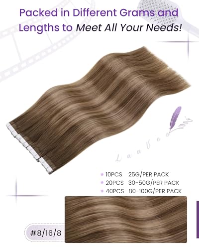 Image of LaaVoo Human Hair Tape in Extensions Balayage Light Brown to Ash Brown Hair Extensions Tape in 18 Inch 20pcs 50g