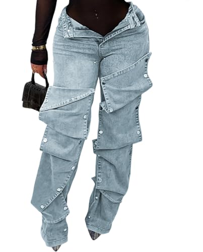 Voghtic Stacked Jeans for Women y2k Detachable Cargo Jeans Butt Lifting Wide Leg Denim Pants Streetwear
