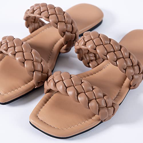 Image of Mtzyoa Women Flat Sandals Raffia Braided Summer Straw Dressy Casual Vacation Bohemian Cute Beach Comfy Slip On Slides