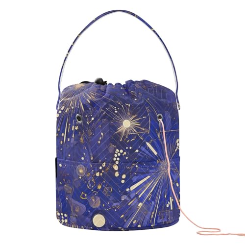 Chic Abstract Fireworks Bursting Blue Gold Crochet Bags Yarn Project Bag with Holes Needle Storage for Crochet Carrier Crochet Travel
