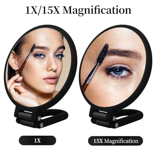 Image of 15X Folding Handheld Makeup Mirror | 23 x 13.5 x 2 cm | Double-Sided 1X /15X | Portable Travel & Purse Mirror | Multicolour Plastic Frame (1, Folding Round)