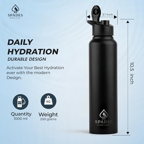 Image of SPADES Stainless Steel Water Bottle 1 Litre BPA-Free, Leak-Proof Single Wall water Bottles with Sipper cap Lightweight, Easy to Clean Ideal for Office, Gym, School, Travel & Fridge (Black /P1)