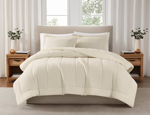 Brooklyn Loom Solid Cotton Percale Chalk King 3 Piece Comforter Set