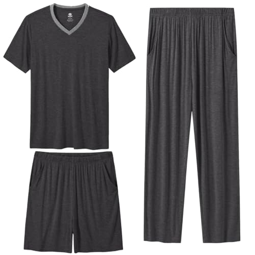 MoFiz Men's Pajama Set 3 Pieces Lightweight Sleep Cozy Modal Lounge Sleep Set Bottoms Pants T-Shirt Pajama Shorts for Men