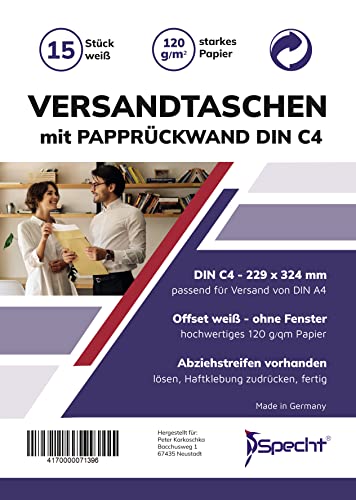 15 Versandtaschen C4 in Weiß ohne Fenster mit Papprückwand, selbstklebend mit Haftklebung und Abdeckstreifen, 229 x 324 mm, Premium, 120g/m² Papier, Briefumschlag, Kuvert, Geschäftsumschlag, DIN A4