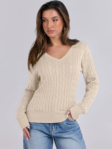 ANRABESS Womens Long Sleeve Cable Knit Sweater 2025 Fall Fashion V Neck Fitted Pullover Top Business Casual Work Fall Outfits2