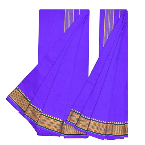 Image of TUNI MANI Men's Panchakacham Dhoti with Angavasthram with Zari Border, Cotton, Size: 9 X 5 (4.0mtr Dhoti, 2.25mtr Towel)