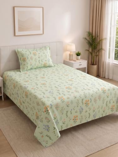 Image of Mafatlal 130 GSM Pearl Designer Single Bed Sheet Set with 1 Pillow Cover | 60 x 90 Inch | Skin-Friendly Microfiber Fabric | Lightweight, Quick Dry, Stylish Bedroom Essential | Pastel Green