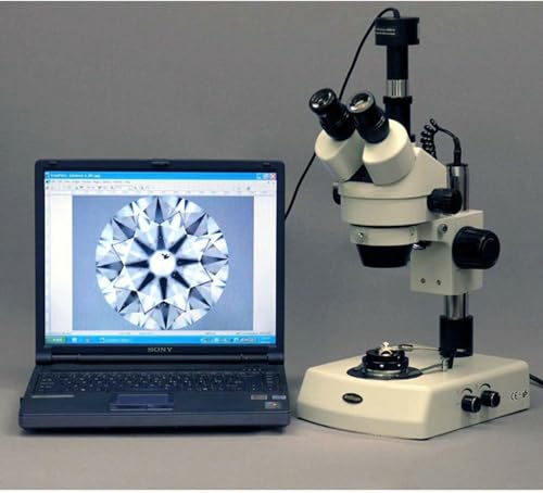 Image of AmScope SM-2TZ-DK Professional Trinocular Stereo Zoom Microscope, WH10x Eyepieces, 3.5X-90X Magnification, 0.7X-4.5X Zoom Objective, Upper and Lower Halogen Lighting, Pillar Stand, 110V-120V, Includes Darkfield Condenser and 0.5X and 2.0X Barlow Lenses