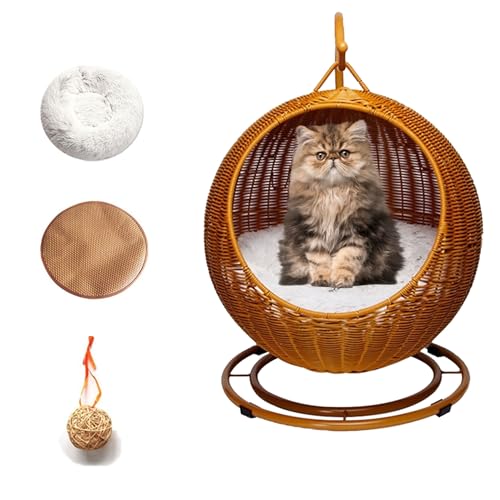 QLXYYFC Pet Cat Swing Bed Wicker Cat Bed Indoors & Outdoors, Comfortable Hanging Cat Bed for Cats, for Sleeping, Playing and Lounging Easy to Assemble (Color : Brown, Size : 43cm X 66cm)