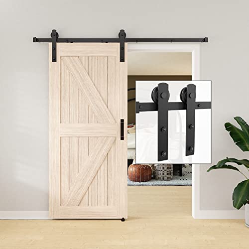 Signstek 5Ft Sliding Barn Door Hardware Kit Heavy Duty With Door Hook, Adjustable Floor Guide And 2 Handles -Easy To Install, Smoothly And Quietly, Fit 1 3/8-1 3/4" Thickness -Black, I Shape Hanger #TOP10