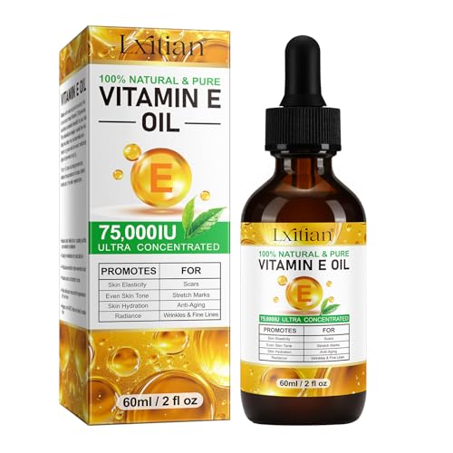 Vitamin E Oil for Skin,75.000 UI de aceite puro de vitamina E para la cara, el cabello,Uñas y cuerpos que aprietan la piel gorda,Reduzca las líneas finas y las cicatrices,No OGM