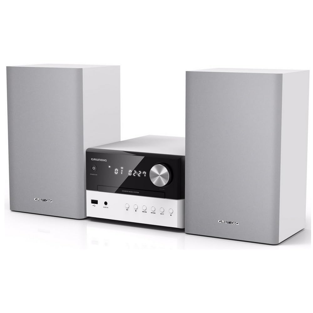 Grundig, Micro Anlage, Bluetooth, CD R/RW/USB Player, kompatibel mit MP3, digitaler FM-Tuner RDS & Dab+- Timer, 30 W RMS, schwarz und weiß, kompaktes und Elegantes Design