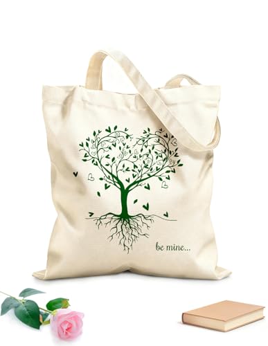 XIARON Borsa in tela bellissimo albero con radice a forma di cuore, silhouette dell'albero con foglie a forma di cuore, l'albero artistico è bellissimo Tessuto spesso 340g/m² Pieghevole M Verde