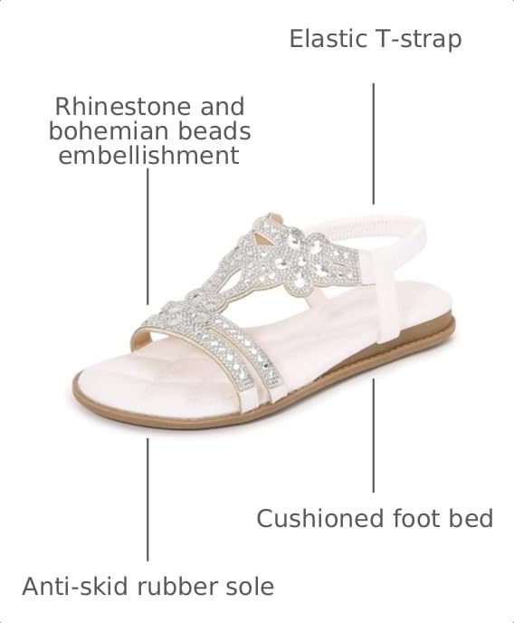 Image of iCKER Womens Rhinestone Strappy Flat Sandals Elastic Ankle Strap Open‑Toe | Sparkling,for wedding,party,evening dates,special occasion,Vacation,Formal