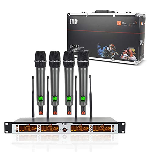 XTUGA SKM4000PLUS 4 x100 Channel UHF Wireless Handheld Microphone System with Selectable Frequencies Prevent Interference, Use for Family Party, Church, Small Karaoke Night (Range:200-320Ft)