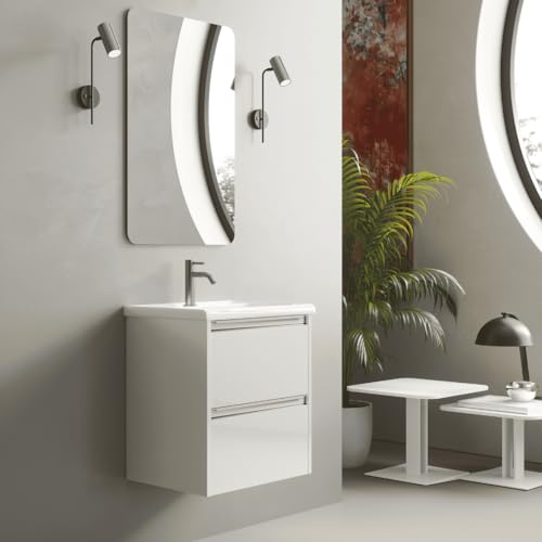 Mueble de Baño Suspendido Fondo Reducido con Lavabo Cerámico para Aseos| Mueble Volado 2 Cajones con Tirador | 50 cm Blanco Brillo Tirador Cromo