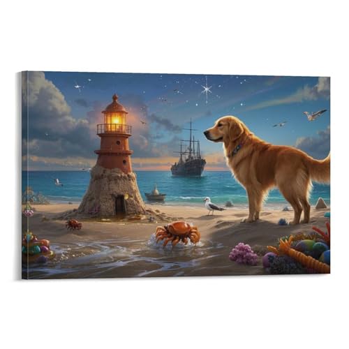Retriever golden Impression Sur Toile Murale Tableau Peinture Lighthouse Deco