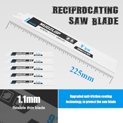 Image of 5 Pack 9 inch Reciprocating Saw Blades Set, 14 /18TPI High Carbon Saw Blades, Metal Saw Blades with Organizer Case (5, 14 /18TPI /9 inch)