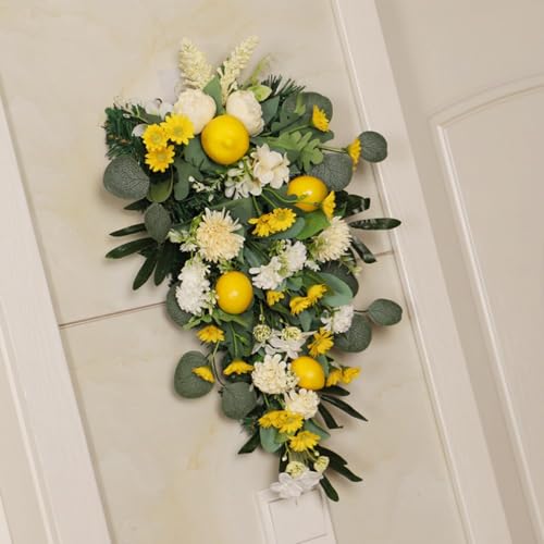 20 inch Artificial Lemon Wreath for Front Door, with Peony, White Hydrangea,Daisy,Green Leaves Wreath Wreath Swag Summer Wreath for Wall Window Party Decor (Multicolor) - Thumbnail 3