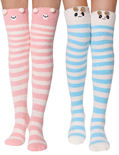 Image of MOGGEI Womens Thigh High Fuzzy Socks Warm Winter Over Knee High Long Striped Fluffy Cozy Fleece Socks 2 Pairs