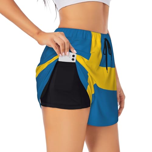 Pantalones cortos deportivos de doble capa con la bandera sueca para mujer, pantalones cortos fluidos para correr, entrenar y mucho más., Negro -, M