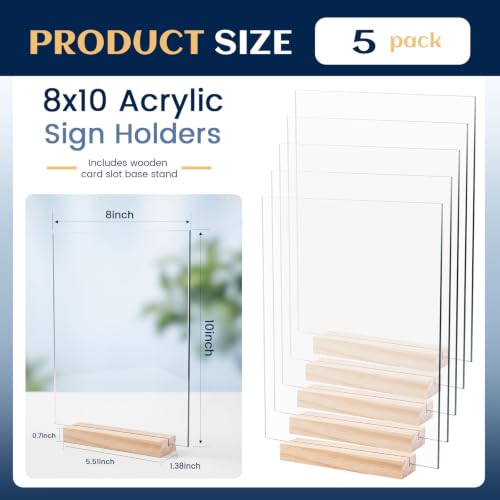 Image of Bercoor 5 Pack 8x10 Inch Blank Clear Acrylic Sign with Wooden Stands, Rectangle Top Acrylic Sheet, DIY Acrylic Rectangle Table Numbers for DIY Name Card Gifts Event Party Sign Decoration