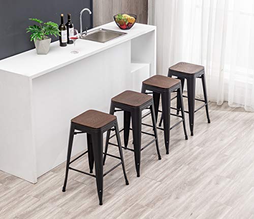Haobo Home 24" Backless Metal Counter Stool Height Bar Stools [Set Of 4], Barstools With Wooden Seat, Matte Black #TOP3