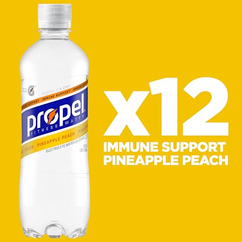 Propel Immune Support Electrolyte Enhanced Water Sports Drink, Pineapple Peach Flavored Water, 100% DV Vitamin C + Zinc, Zero Calorie & Zero Sugar Hydration with Electrolytes and Vitamins, 16.9 fl oz Water Bottles (12 Pack)