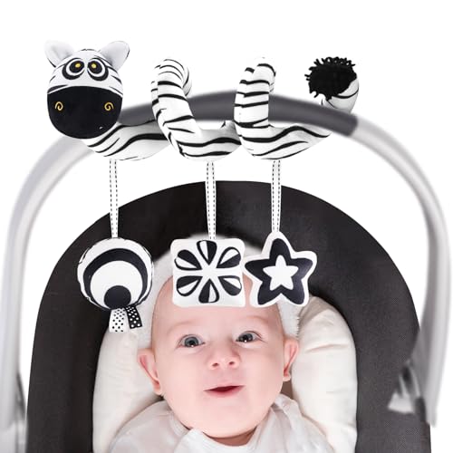 Image of vocheer High Contrast Baby Toys for Newborn, Black and White Hanging Toy Car seat Crib Move, Animal Circle Plush Stroller Toy, Squeak Travel Activity Wind Chimes 0-6 Months (Zebra)