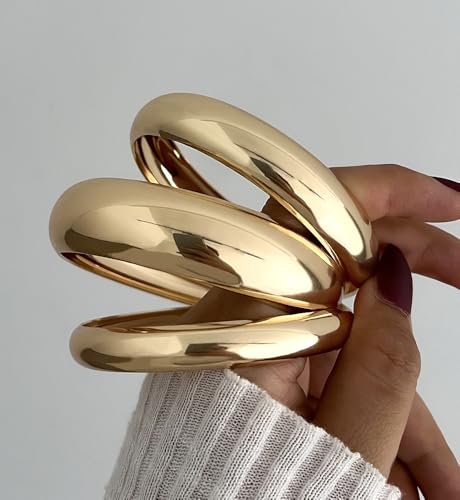 Image of Chunky Gold Bangle Bracelets for Women, Dainty 14k Gold Plated Big Stackable Bangles Set, Trendy Statement Cuff Bracelet Stack Fashion Jewelry Gifts