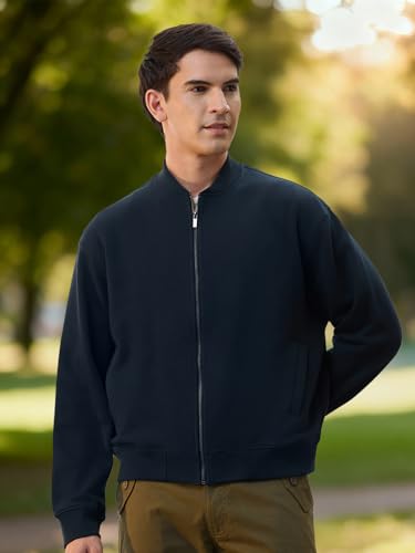 Image of Nobero Men's Premium Fleece Bomber Jacket | 280 GSM Fabric | Regular Fit Zip-Up Outerwear | Shirt Collar | Ribbed Cuffs & Hem | Casual Winter Layering Jacket