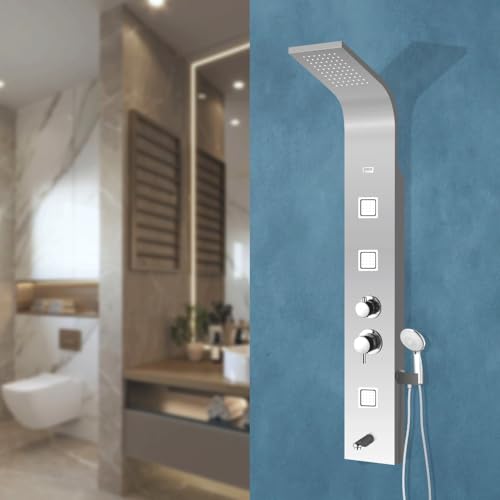 Image of JAAZ | Imperial Steel Matte Shower Panel Tower System | 3 Body Jets, Tub Spout & Hand Shower with 3 Modes | Adjustable Knobs | Bathroom Shower Set