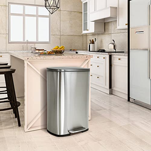 13 Gallon/50 L Kitchen Trash Can, Stainless Steel Garbage Can with Lid, Foot Pedal and Inner Bucket, Fingerprint-Resistant Soft Close Lid, Odor Proof, Step Trash Can for Kitchen Bathroom Office