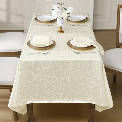 Romanstile Jacquard Rectangle Tablecloth, Waterproof Elegant Damask Curly Floral Pattern Table Cloth, Washable Decorative Polyester Table Cover for Kitchen/Dining/Parties - Ivory/Cream, 60 x 84 Inch Romanstile Jacquard Rectangle Tablecloth, Waterproof Elegant Damask Curly Floral Pattern Table Cloth, Washable Decorative Polyester Table Cover for Kitchen/Dining/Parties - Ivory/Cream, 60 x 84 Inch