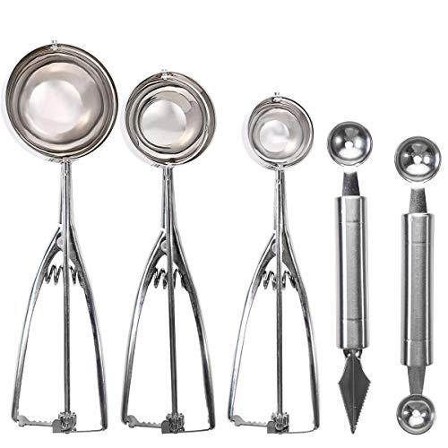 5 Pcs Stainless Steel Ice Cream Cookie Scoop Set & Melon Baller Scoop Set with Trigger for DIY Baking Cutting and Scooping Ice Cream Cookies Fruits Melons Meatballs Muffins Cupcakes Cheese Vegetable