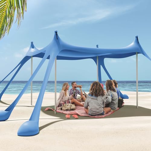 Gardentime Beach Tent Canopy Sun Shelter 10x10ft UPF50+ Protection Portable Shade with 8 Sandbags, 4 Poles, 2 Sand Shovels, Ground Peg for Outdoor Backyard Camping Fishing Picnic Blue