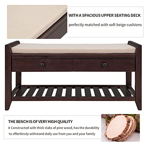 P PURLOVE Storage Bench with Cushioned Seat and Drawers,Entryway Shoe Rack for Front Door Entrance,Hallway,Living Room