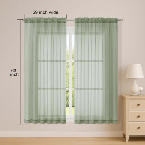 Image of OWENIE Sheer Sage Green Curtains, Sheer Curtains 63 inch Length 2 Panels Set, Rod Pocket Voile Fimly Sheer Drapes for Living Room Bedroom, 2pcs, Sage Green, Each 59 inch W x 63 inch L