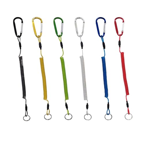 Safety Coiled Lanyard with Aluminium Alloy Carabiner Clip, Tool Lanyard, Retractable Tether, Black/Silver, Set of 6 (Multicolor(Set of 6))