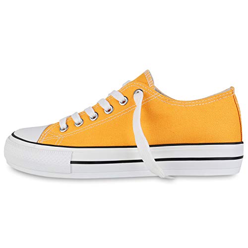 Giralin Damen Plateau Sneaker Canvas Schuhe Schnürer Freizeit Stoffschuhe Turnschuhe Profilsohle Plateauschuhe 179735 Gelb 41