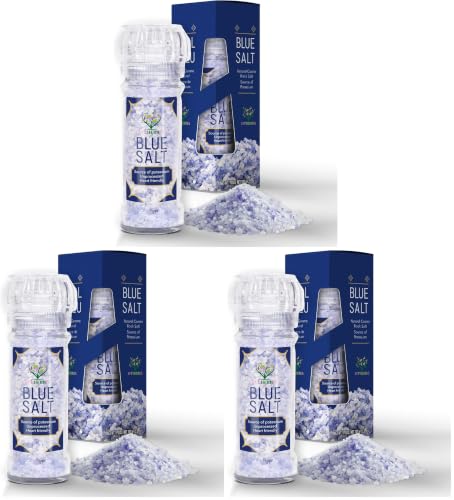EUPHERBIA Blue Salt, Coarse, Rare Mineral Salt, High Potassium, Lower Sodium, Natural, Unprocessed, Hand Harvested, Kosher Certified (100g with Grinder) (Pack of 3)