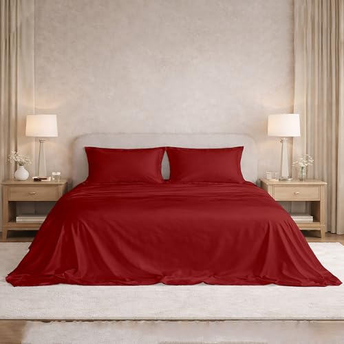 Image of Filbert Satin Bedsheet with 1 Pillow Cover | 60x90 in |300 TC | Midnight Luxe Satin Dreams Collection for Single Bed | UltraSatin Premium Bedding Set | Crimson Burgundy