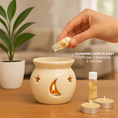 Image of Floryn Decor Ceramic Oil Diffuser Set with 5ml Essential Oil & 2 Tealight Candles | Aromatherapy Burner for Home Bedroom, Spa & Office | Relaxing Fragrance, Compact Size -Gift Pack Cream