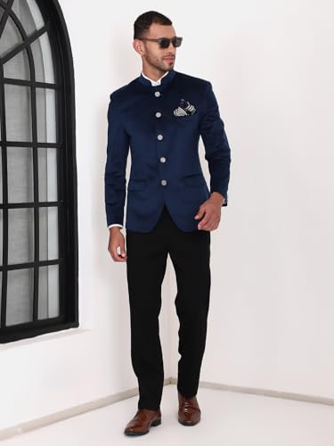Image of MANQ Men Slim Fit Bandhgala Velvet Blazer - Mandarin Collar, Button Closure, Long Sleeves, Solid Ethnic Winter Wear with Three Pockets for Adults