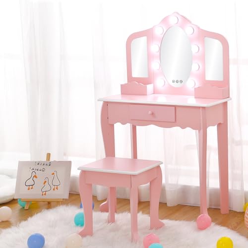 Garvee Kids Vanity with Lighted Mirror, Little Girls Vanity Table & Stool, Kids Makeup with Tri-Fold Mirror, Drawer & Storage Grid for 3-9 Yrs Girls, Pink