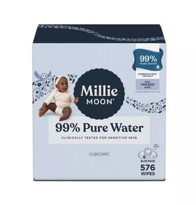 Millie-Moon 99% Pure Water Luxury Baby Wipe, 576 Count (8 * 72 Pack)