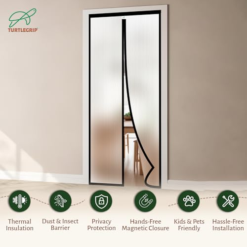 Image of TurtleGrip Magnetic AC Door Curtain - Ribbed Translucent Thermal Cover, Auto Closing Magnets (200x90cm)